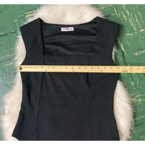 Nylon Apparel Women Black Tank Bodysuit Sz Large Square Neck Padded Shoulder EUC - Picture 7 of 9